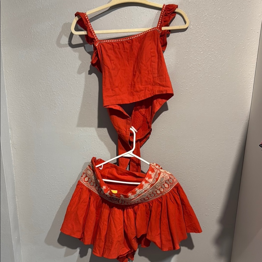 Free People Red Mini Skirt with Ruffled Design